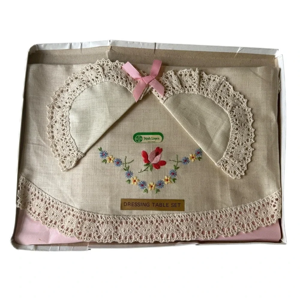 Vintage Irish Linen Dressing Table Set — Hand Embroidered Lace New in Box